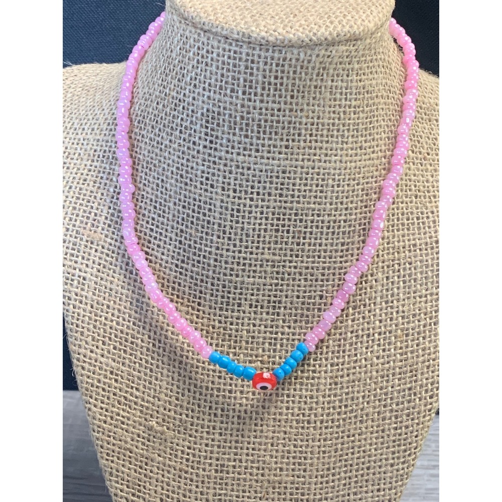 Pink Seed Bead Evil Eye Necklace Turquoise Accents Barrel Clasp 16 Inch Boho